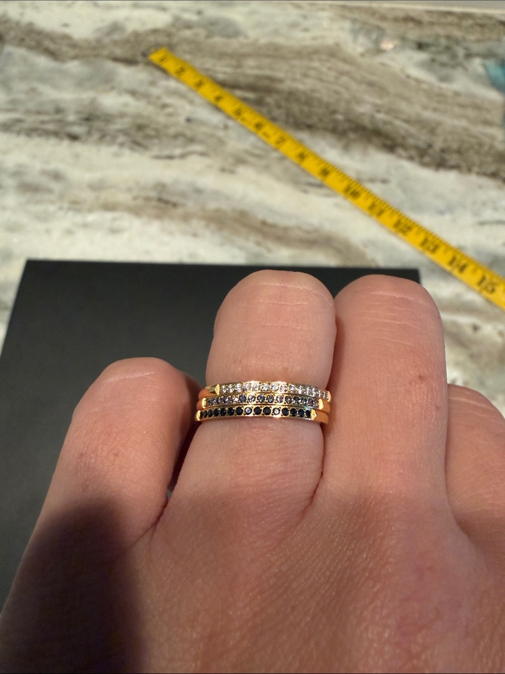 Electric Picks Gold Stacked Crystal and Black Stone Ring - Women Jewelry